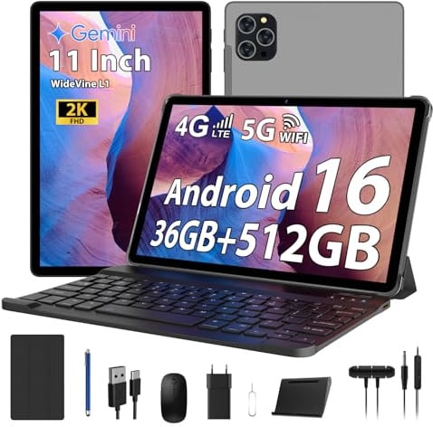RUSHAR Tablet 11 Pollici Android 16 con 36GB RAM+512GB ROM (2TB TF), 4G LTE & 5G WiFi, Octa-Core 2.0GHz, 8000mAh, 13MP+8MP, Widevine L1, Gemini AI, GPS, Face ID, BT 5.0, Tablet con Tastiera, Grigio