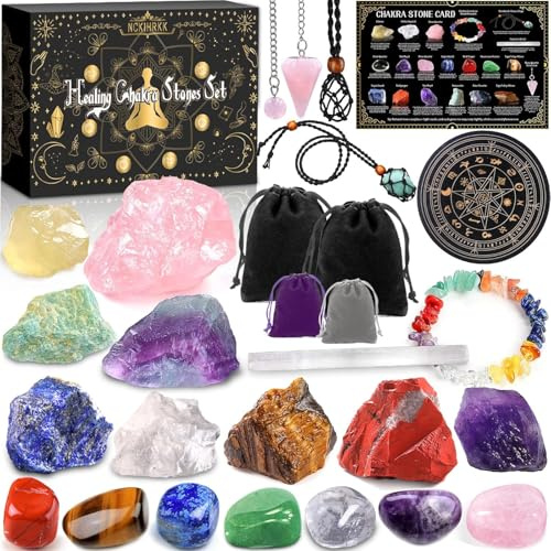 NCKIHRKK Juego Regalo de Piedras y Cristales Curativos, Coleccion Minerales Piedras Naturales, Set de Piedras Chakras con Pendulo, Piedras Preciosas para Reiki, Yoga, Meditación, Sueño y Estudio