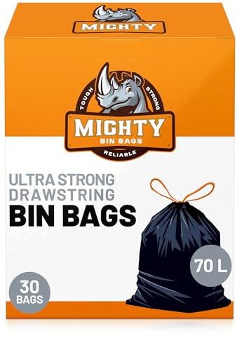 MIGHTY Black Bin Bags 70L (30 Bags) | Ultra Strong 40 Micron Tear & Leak Resistant Heavy Duty LLDPE | 33% Thicker Than Typical 70L Bin Bags | Double Strength Drawstring