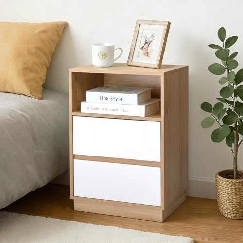 LEADZM Nachttisch Nachttische 40x30x60 cm Eichen&Weiß | mit 1 offenem Fach und 2 Schublade, Nachtschrank für Schlafzimmer, Beistelltisch für Schlafzimmer und Wohnzimmer