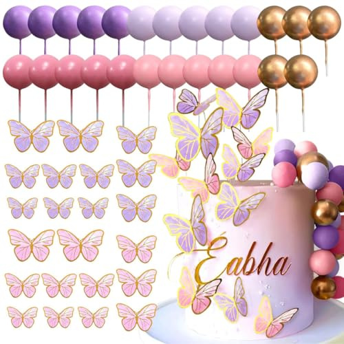 CATZUM 47 Pièces Décoration de Gâteau – Happy Birthday Cake Topper – Gâteau pour Anniversaire, Violet, Rose, Papillon et Boule – Décoration Gâteau Fille – Deco Gateau Anniversaire (Rose et Violet)