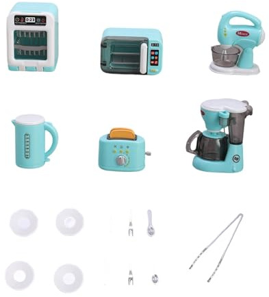 Miniature Kitchen Appliances Playset for Girls Boys - 6-Piece Toy Oven, Microwave, Blender, Coffee Maker, Kettle, Toaster- Blue