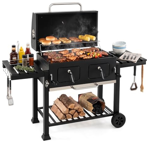 COSTWAY Barbacoa Carbon XXL con Ruedas, Funda y Rapa, 105 x 56 x 110 cm | 2 Mesitas Plegables, Termómetro, Bandejas y Ventilación Ajustables, Mangos, 8 Ganchos, Estante Inferior