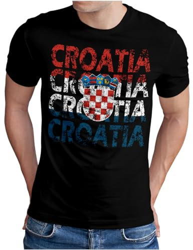 OM3® Croatia T-Shirt | Herren | Kroatien Teamshirt Hrvatska Flagge Fussball EM Fanshirt I | Schwarz, M