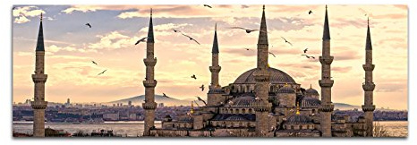 Paul Sinus Art Panoramabild auf Leinwand und Keilrahmen 150x50cm Istanbul Moschee Sonnenuntergang Vögel
