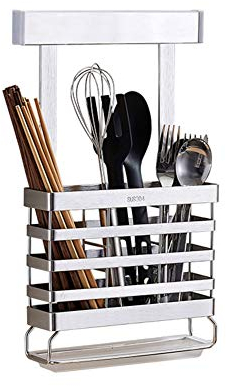 Edelstahl 304 Geschirrabtropfer Mit Tablett, Abnehmbare Auffangschale, Hängender Essstäbchen-Abtropffläche, Messer/Essstäbchen/Löffel (20.5 * 7 * 32CM)