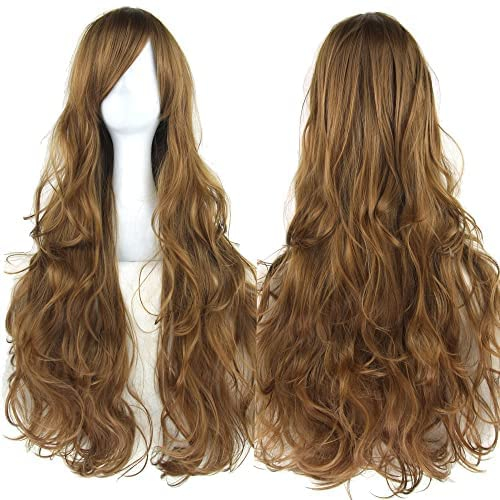 IMISSU 80cm langes lockiges Naturhaar Cosplay Perücke mit Pony Buntes Halloween Kostüm Party Perücken für Frauen (Braun)
