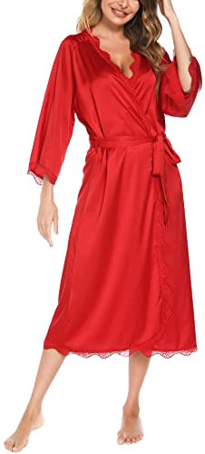 Aranmei Satin Dressing Gown for Women, Lace Trim Kimono Long Silk Robe Bride/Bridesmaid Bathrobe for Wedding 3/4 Sleeve Lightweight Nightdress Nightgown, Red, M