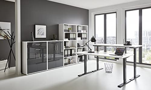 BMG Möbel e-Office Edition Set 21 Büromöbel-Set (Gestell: Anthrazit, Korpus-Front: Weiß/Anthrazit Hochglanz, Tischplatte: Weiß, Abmessung Tischplatte: 160 x 80 cm)