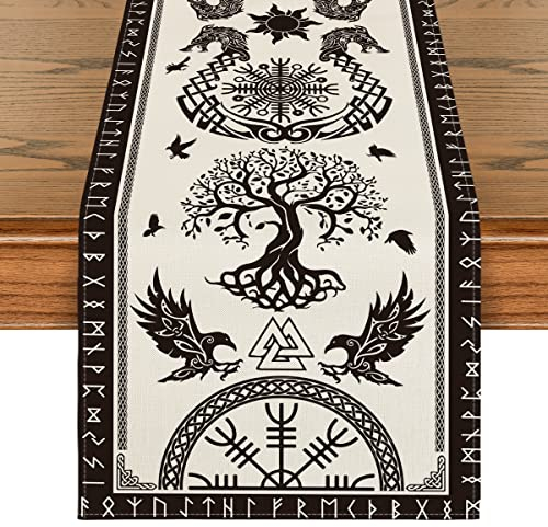 Artoid Mode Weiß Wikinger Baum des Lebens Rabe Helm der Ehrfurcht Tischläufer, Saisonnal Tisch Dekoration Drinnen Urlaub Party Dekor 40x140 cm