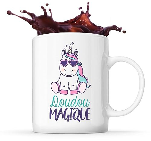 Planetee Tasse Blanche Doudou Magique Licorne | Idée Mug Cadeau Humour Collègue famille Femme Anniversaire Noël