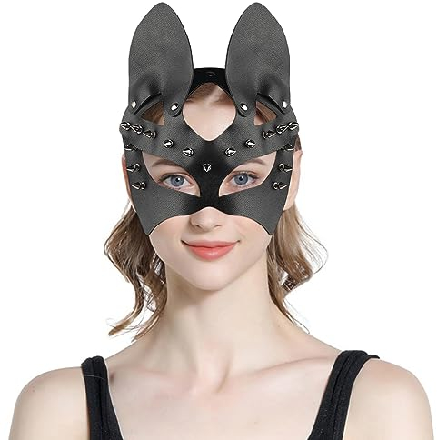 Halloween Ledermaske Sexy Katzen Fuchs Maske PU Leder Tiermaske Punk Catwoman Katzenmaske Gothic Bunnymaske Fuchsmaske Venezianisch Halbmaske Damen Mädchen Kostümmaske für Nachtclub Fasching Schwarz