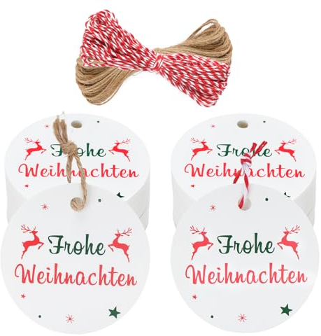 jijAcraft Merry Christmas Geschenkanhänger Rund, Frohe Weihnachten Kraftpapier Etiketten 5,5 cm, 100 Stück Tags mit Jute Schnur und Rot und Weiß Schnur für Dekoration Geschenke Verpackung (Weiß)