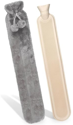 Crystals 2L Fluffy Long Fully Body Hot Water Bottle with Cover, Hot Water Bag for Pain Relief, Two Pom Pom Cosy Faux Fur Warm Water Bottle - Slate Grey (Extra Long)
