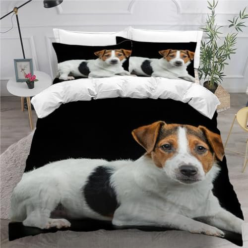 MEVASA Bettwäsche 135x200 Jack Russell Terrier Bettwäsche-Set 3 Teilig 3D-Druck Tier Hund Schwarz Bettbezug 135x200 mit Reißverschluss Weiche Mikrofaser Kinderbettwäsche mit 2 Kissenbezug