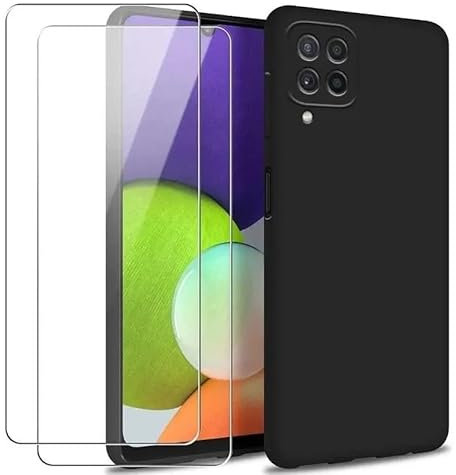 HQ-CLOUD® Coque Silicone NOIR Mat Pour SAMSUNG GALAXY A22 5G + 2 Verre trempé Film Protection écran - Anti Rayures - Ultra Résistant Dureté 9H