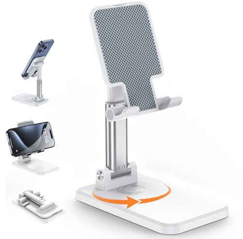 BHHB Support Téléphone Support Telephone Bureau avec Rotatif à 360° Porte Telephone Réglable, Support Smartphone Compatible avec iPhone 16/15/14/13/12/11/8, Huawei, Galaxy, Alle Smartphones (Blanc)