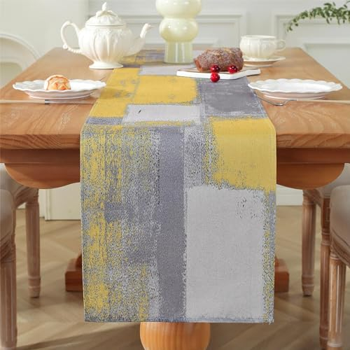 Tischläufer Retro Landhausstil Tischläufer Leinen Ölgemälde Abstrakte Kunst für Drinnen und Draußen Urlaub Party Wohnzimmer Dekor Tolles Geschenk Esszimmer Dekoration 40 x 140 cm,Gelb