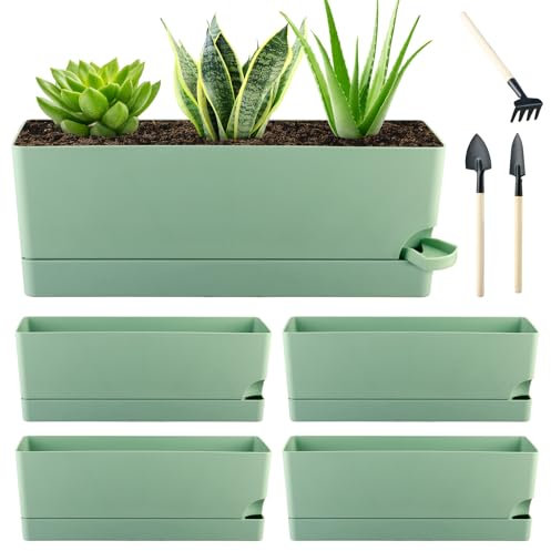 4 Pack Self Watering Pots for Indoor Plants 17 Inches Window Boxes Planters Rectangular Flower Pots Rectangle Herb Pots Large Plant Pots with Drainage Holes and Saucers Windowsill Planter, Green