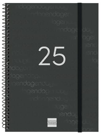 Finocam - Kalender 2025, Spiralbindung, Wochenansicht, Querformat, Januar 2025 - Dezember 2025, 12 Monate, Schwarz, Spanisch