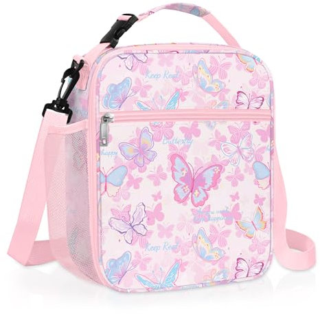Clastyle Sac Isotherme Repas Enfant Rose Petit Sac Lunch Box Portable Sac Dejeuner Filles pour L'école,Papillon Coloré