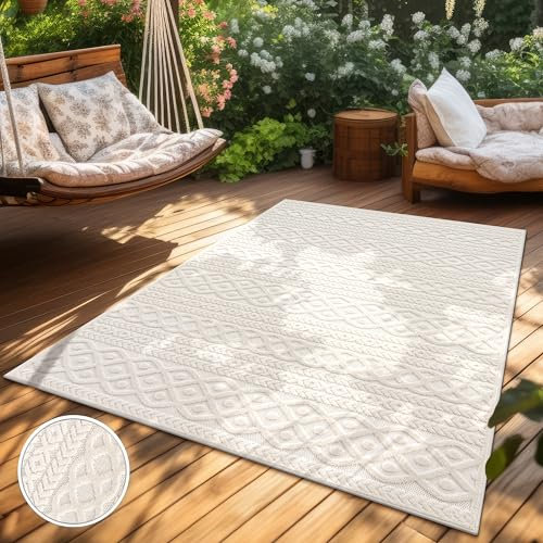 Paco Home Teppich In- & Outdoor, Moderne abstrakte Boho Designs mit 3D Struktur, robust & wetterfest, ideal für Terrasse Wohnzimmer & Küche, Grösse:240x340 cm, Farbe:Creme 4