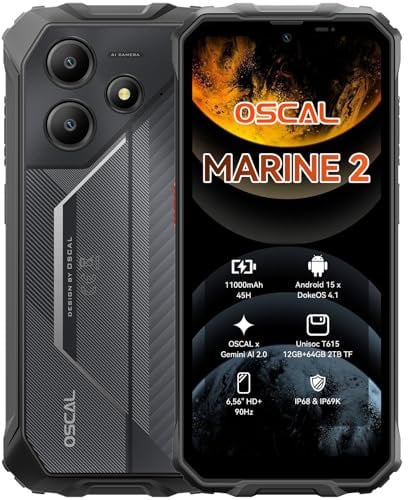 OSCAL Marine 2 Outdoor Handy Ohne Vertrag 2025, 11000mAh 12GB+64GB/2TB, Android 15 Outdoor Smartphone, 6.56 HD+ 90Hz, 16MP+8MP AI Kamera Baustellenhandy, IP69K Wasserdicht, Dual SIM 4G/NFC/OTG/GPS