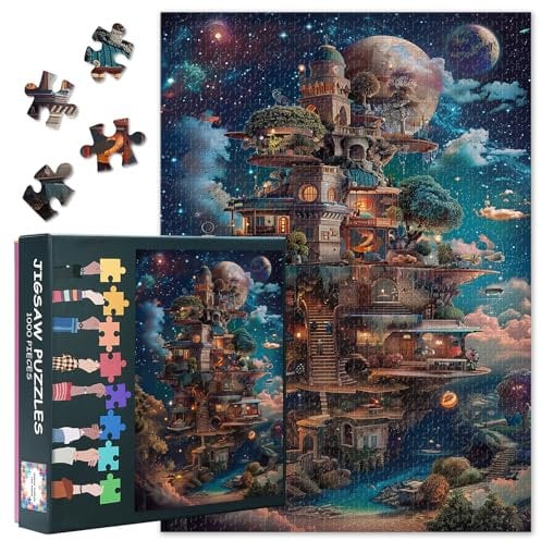 Fantasy Jigsaw Puzzles for Adults Landscape with Planets 1000 Piece Book Room Puzzle for Adults Challenging Family Puzzle Stars and Fantasy Houses Jigsaw Puzzles as Home Decor