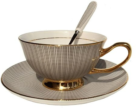 Bone China Tea Cups,Coffee Cup Teacup with Saucer and Spoon, Black Dots with Gold Trim Coffee Mug for Home, Restaurants, Display and Afternoon Tea with Gift Box