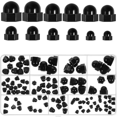 110 Stück Schwarz Hutmuttern hohe Form Set, M3 M4 M5 M6 M8 M10, Eichel Sechskant Hutmuttern, Hohe Form Hochwertige Kappenmuttern mit Aufbewahrungsbox für Schrauben Bolzen, Nylonmaterial