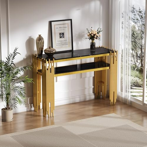 Merax Table console, table de couloir avec étagères ouvertes à deux étages, petite table d'exposition, table basse étroite pour salon, entrée, couloir, cadre en métal robuste, 124 cm, noir et doré