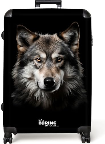 NoBoringSuitcases© Koffer Groß Reisekoffer 4 Rollen Leicht Kindertrolley | 77x51.5x28 cm - XXL Reise Hartschalenkoffer Suitcase Large Wolf - Schwarz - Grau