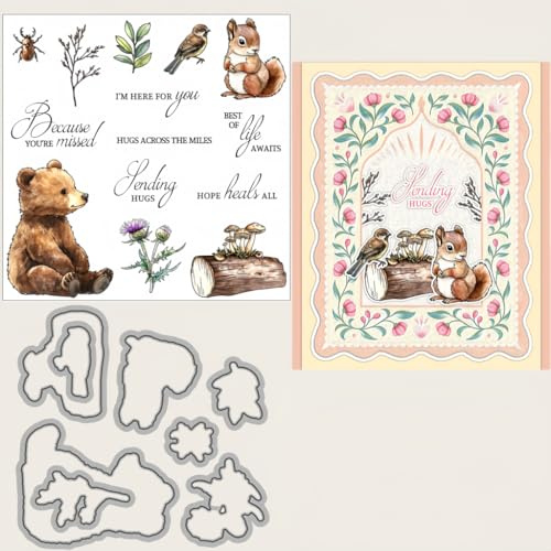Sredwtk Bären Eichhörnchen Herbst Stanzschablonen und Stempelset,Stempel und Stanzen Set,Silikonstempel und Stanzen Set,Clear Stamp und Stanzschablone Für DIY Scrapbooking Fotoalbum Dekor Karten
