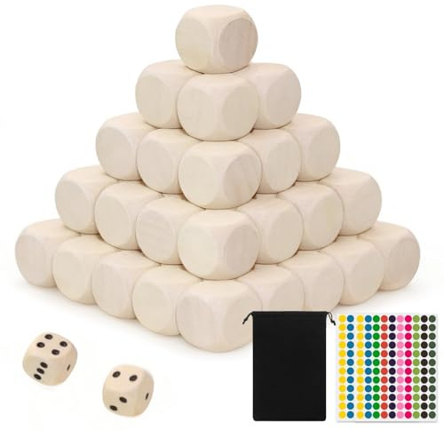 60 Pezzi Dadi D6 non Verniciati Dadi 6 Facce con Borsa con Coulisse | Adesivo a Pois Colorati Cubo Legno di Legno Vuoti per Artigianato Fai da te Puzzle e Progetti Creativi (20 MM)