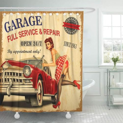 Emvency Decorative Shower Curtain Car Vintage Garage Retro Girl 1960S Mechanic Classic Signboard 1950S Aged 72x78 Waterproof Bathroom Shower Curtain Set with Hooks