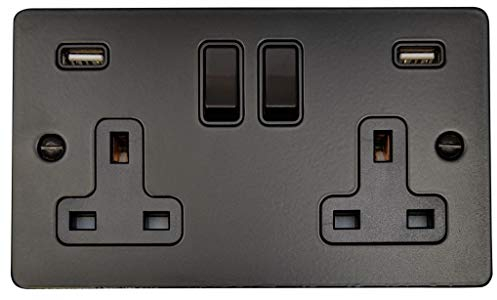 G&H FFB910B Flat Plate Matt Black 2 Gang Double 13A Switched Plug Socket 2.1A USB