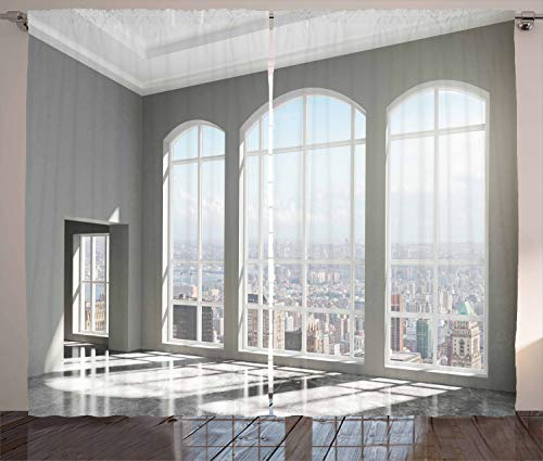 ABAKUHAUS Städtisch Rustikaler Gardine, Sonnenuntergang in New York City, Schlafzimmer Kräuselband Vorhang mit Schlaufen und Haken, 280 x 245 cm, Grau Weiß