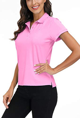 MoFiz Damen Poloshirt Kurzarm Baumwolle Polohemd Sport Polo Sommershirts Atmungsaktiv Rosa XL