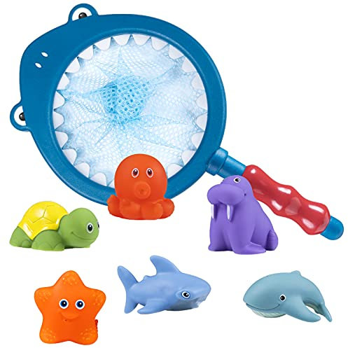 WolinTek Bébés Jouet de Bain, 7 Pièces Jouet de Bain Bébé -Filet Jouets Bain,Gobelets Empilables, Jouet Bain pour Baignoire, Piscine,Bath Toys Baignoire Piscine Jouet Cadeau pour Bébés