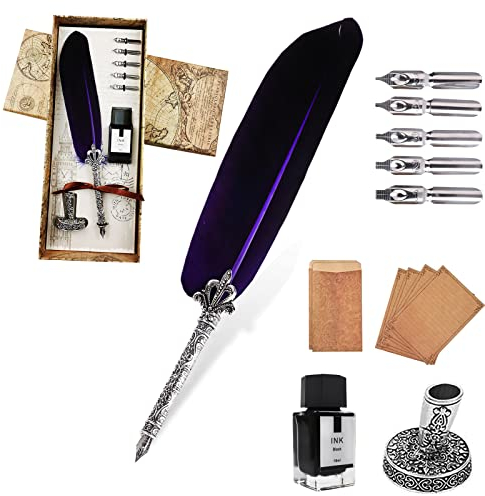 AOMAYLL Federstift Tinte Set,Vintage Dip Pen,schreibfeder Kalligraphiestift-mit 5 Federn und schwarzer Tinte, Perfekt für Kalligraphie Anfänger (Mit Tinte) (Lila)