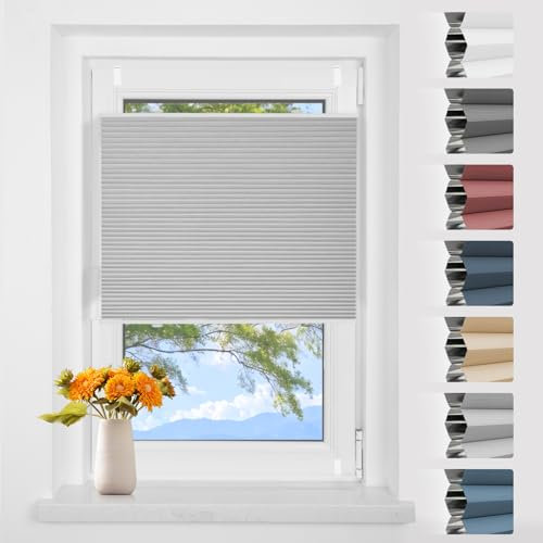 Verdunklungsplissee Wabenplissee ohne Bohren Weiß-hellgrau 55x130cm(BxH) Thermo Plissee ohne Bohren Verdunkelung Zweifarbig 100% Blickdicht Sonnenschutz & Schallschutz Plisseerollo Klemmfix