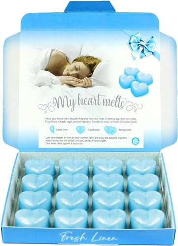 Fresh Linen Wax Melts: 16 pcs x 5g Heart Shaped Wax Melts Scented in a Presentation Gift Box, Vegan & Pet Friendly, Cruelty Free, Handmade in UK, Candle Alternative