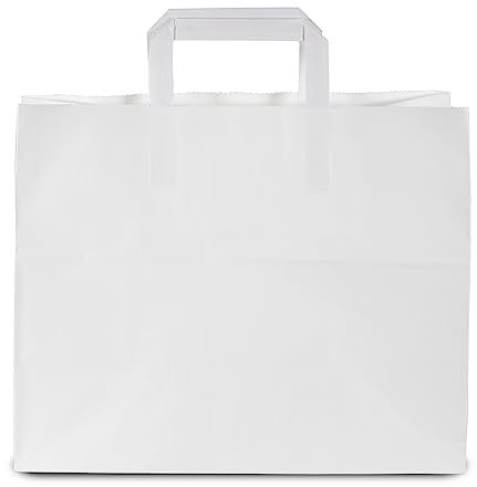 Commerline Papiertüten 250 Stück, Weiß, 32+22x25 cm | Kraftpapier Tüten Klein Mit Henkel | Tragetasche Groß Papiertragetaschen Papiertüte Papiertaschen