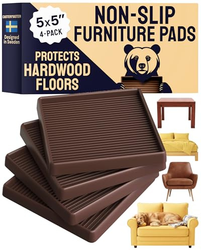 CasterMaster 5x5 Square Rubber Furniture Caster Cups with Anti-Sliding Floor Grip (Set of 4) | Non-slip caster cups - anti-skid - Use for couches, beds & chairs on hardwood, tile & vinyl
