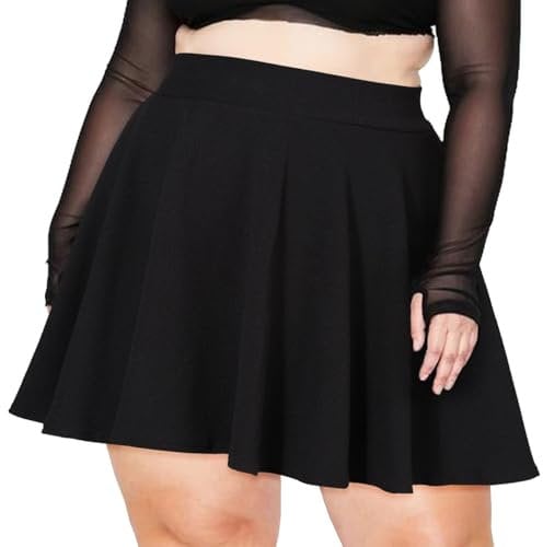 Moon Wood Damen Basic Mini Schwarz Skater Rock Stretch Hohe Taille Lässig Faltenrock Ausgestellt Pull On Skirt Röcke Große Größen, XXL