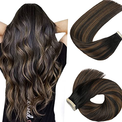 Hotlulana Extension Capelli Veri Biadesivo Nero Naturale Con Castano(#1B/1B/6) Extension Capelli Veri 16Pollici 20pcs 40cm 40g Extension Biadesive Capelli Veri Invisible Skin Weft Tape in Extensions.