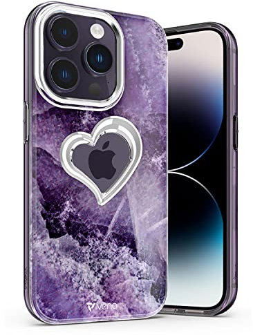 VENA vLove Marble Case Compatible with Apple iPhone 14 Pro (6.1-inch), Heart Shape (Magsafe Compatible) Dual Layer Slim Hybrid Bumper Case Cover (Purple Marble)