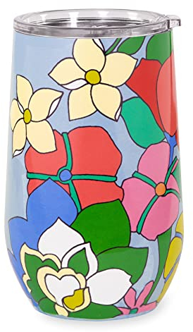 Kate Spade New York Insulated Stainless Steel Wine Tumbler, 16 Ounce Double Wall Tumbler, Blue Stemless Travel Cup with Lid, Flower Bed