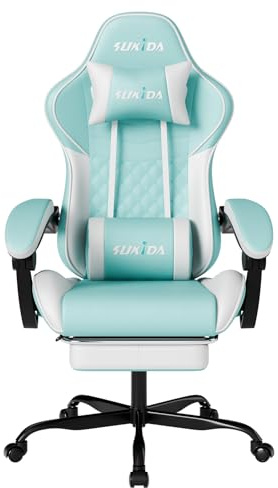 SUKIDA Chaise de jeu bleu clair avec repose-pieds - Chaises de jeu pour adultes, massage lombaire ergonomique, chaises de jeu d'ordinateur, repose-pieds, réglage en hauteur, appuie-tête,