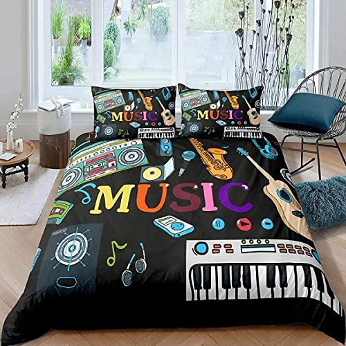 RAMOTE Bettwäsche 135x200 Rock-Instrument, Weiche Microfaser 3D Bettbezug Thema Musik, Bettbezüge Rock-Instrument und 2 Kissenbezug 80x80 cm